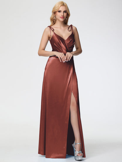 Bridesmaid Terracotta Color Dress Spaghetti Straps V-Neck Ruched Floor Length Stretch Satin Bridesmaid Dress With Slit