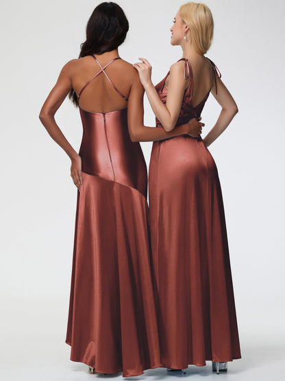 Bridesmaid Terracotta Color Dress Spaghetti Straps V-Neck Ruched Floor Length Stretch Satin Bridesmaid Dress With Slit
