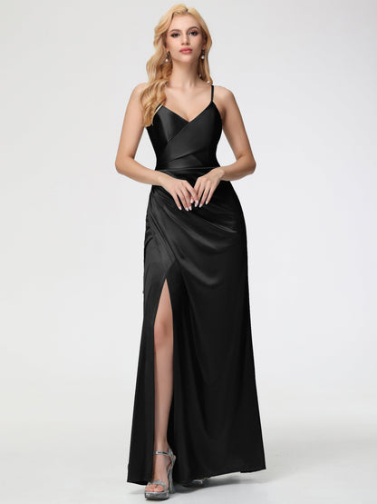 Black Bridesmaid Dress With Sleeves Spaghetti Straps V-Neck Floor Length Stretch Satin Bridesmaid Dress With Slit