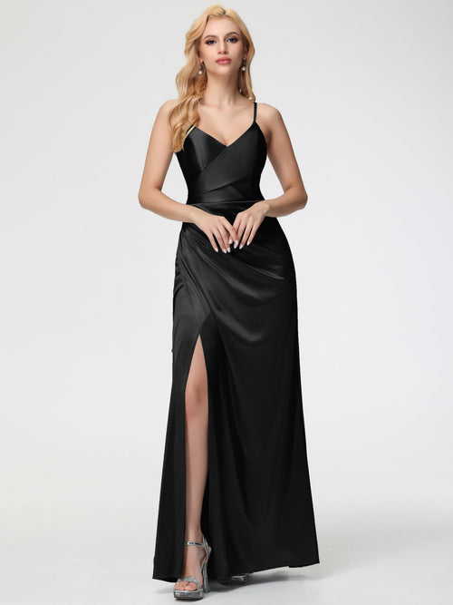 Black Bridesmaid Dress With Sleeves Spaghetti Straps V-Neck Floor Length Stretch Satin Bridesmaid Dress With Slit