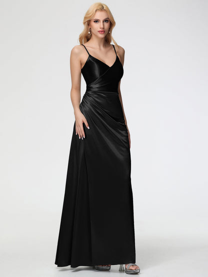 Black Bridesmaid Dress With Sleeves Spaghetti Straps V-Neck Floor Length Stretch Satin Bridesmaid Dress With Slit