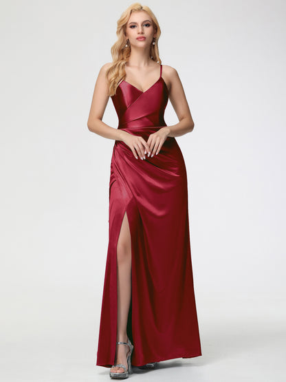 Bridesmaid Burgundy Dresses Spaghetti Straps V-Neck Floor Length Stretch Satin Bridesmaid Dress With Slit