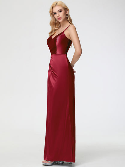 Bridesmaid Burgundy Dresses Spaghetti Straps V-Neck Floor Length Stretch Satin Bridesmaid Dress With Slit