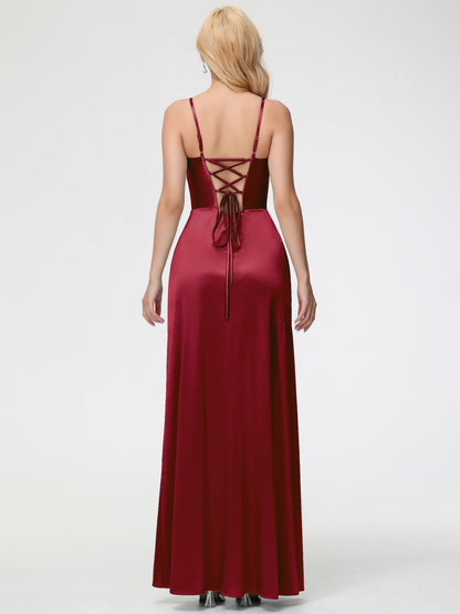 Bridesmaid Burgundy Dresses Spaghetti Straps V-Neck Floor Length Stretch Satin Bridesmaid Dress With Slit