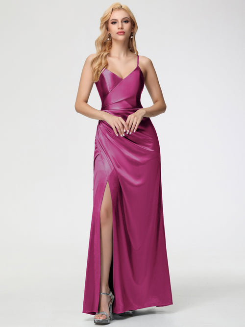 Bridesmaid Dress Fuchsia Spaghetti Straps V-Neck Floor Length Stretch Satin Bridesmaid Dress With Slit