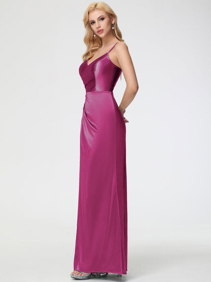Bridesmaid Dress Fuchsia Spaghetti Straps V-Neck Floor Length Stretch Satin Bridesmaid Dress With Slit