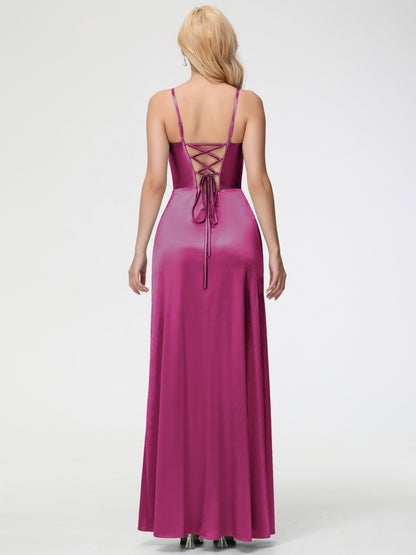 Bridesmaid Dress Fuchsia Spaghetti Straps V-Neck Floor Length Stretch Satin Bridesmaid Dress With Slit