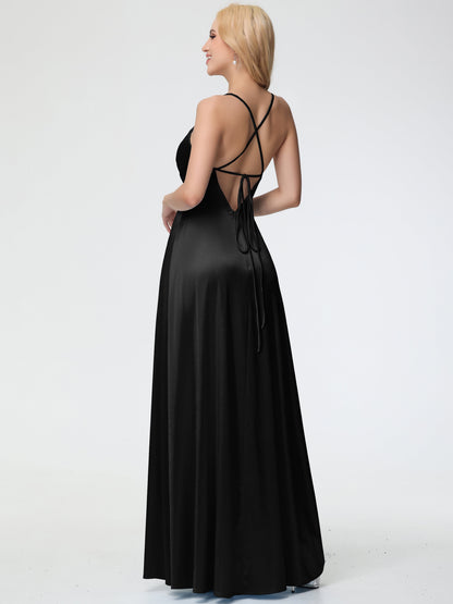 Stretch Satin Black Bridesmaid Dresses Spaghetti Straps V-Neck Pleated Open Back Stretch Satin Bridesmaid Dress With Slit