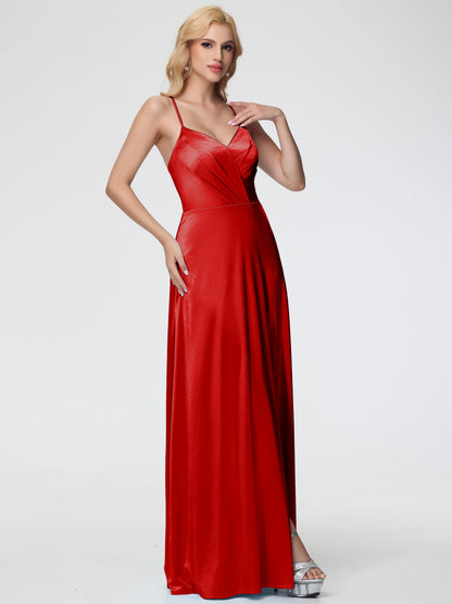 Red Stretch Satin Bridesmaid Dress Spaghetti Straps V-Neck Pleated Open Back Stretch Satin Bridesmaid Dress With Slit