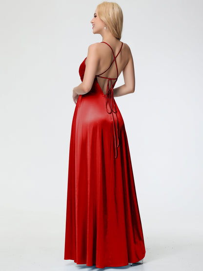 Red Stretch Satin Bridesmaid Dress Spaghetti Straps V-Neck Pleated Open Back Stretch Satin Bridesmaid Dress With Slit