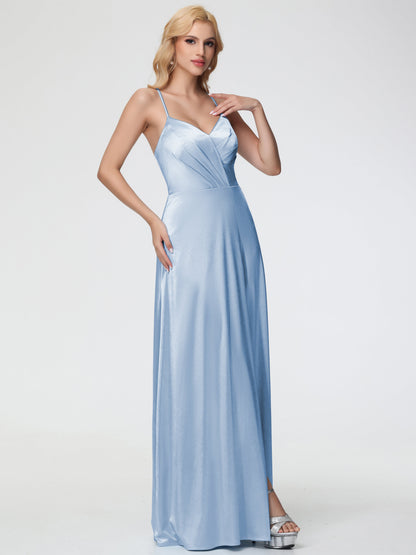 Sky Blue Bridesmaids Dress Spaghetti Straps V-Neck Pleated Open Back Stretch Satin Bridesmaid Dress With Slit