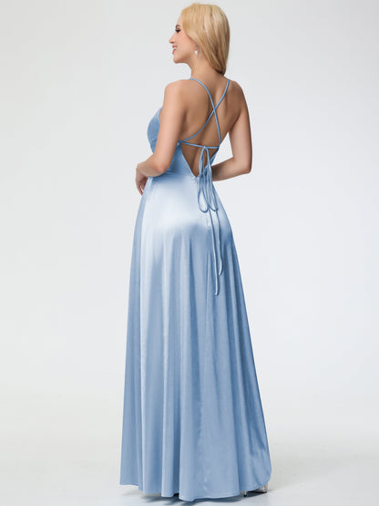 Sky Blue Bridesmaids Dress Spaghetti Straps V-Neck Pleated Open Back Stretch Satin Bridesmaid Dress With Slit
