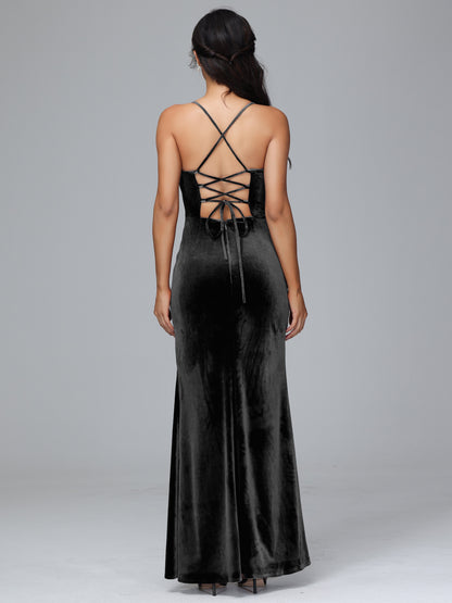 Spaghetti Straps Lace Up Plus Size Velvet Bridesmaid Dress With Slit