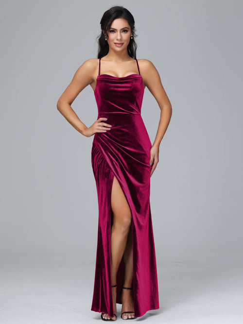 Spaghetti Straps Lace Up Plus Size Velvet Bridesmaid Dress With Slit