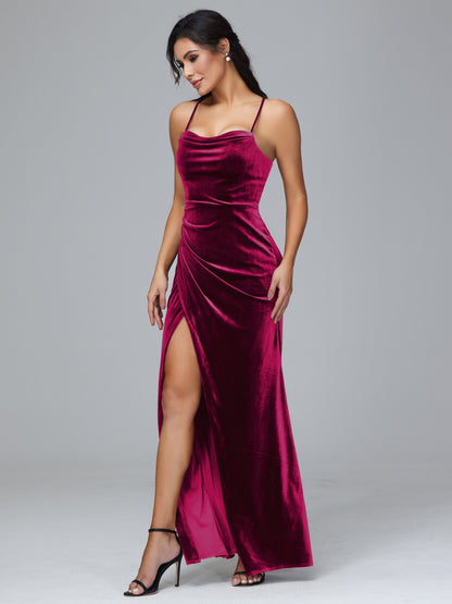 Spaghetti Straps Lace Up Plus Size Velvet Bridesmaid Dress With Slit