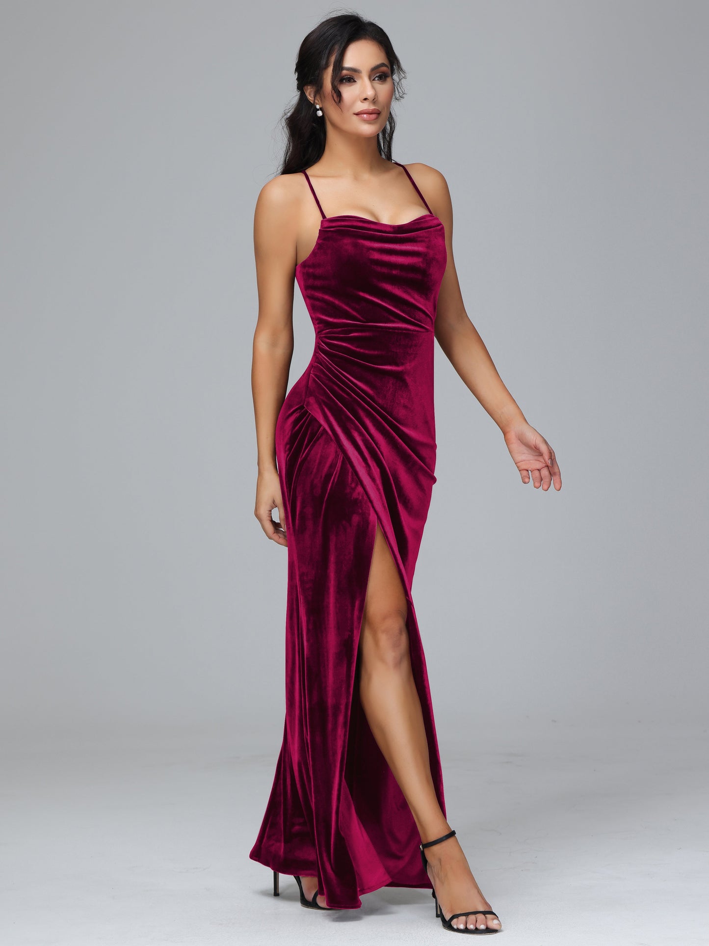 Spaghetti Straps Lace Up Velvet Bridesmaid Dress With Slit
