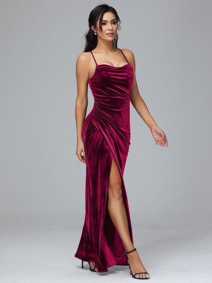 Spaghetti Straps Lace Up Velvet Bridesmaid Dress With Slit