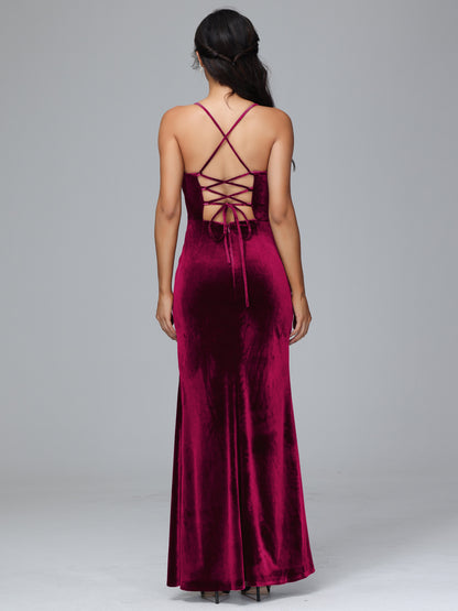 Spaghetti Straps Lace Up Plus Size Velvet Bridesmaid Dress With Slit