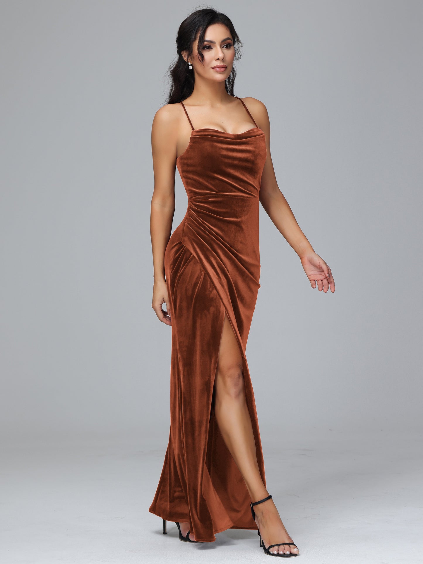 Spaghetti Straps Lace Up Velvet Bridesmaid Dress With Slit
