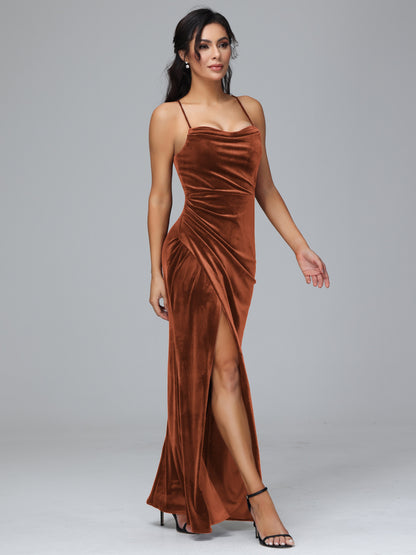 Spaghetti Straps Lace Up Velvet Bridesmaid Dress With Slit
