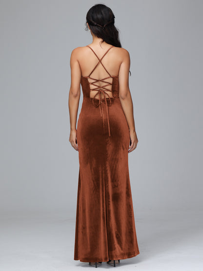 Spaghetti Straps Lace Up Velvet Bridesmaid Dress With Slit