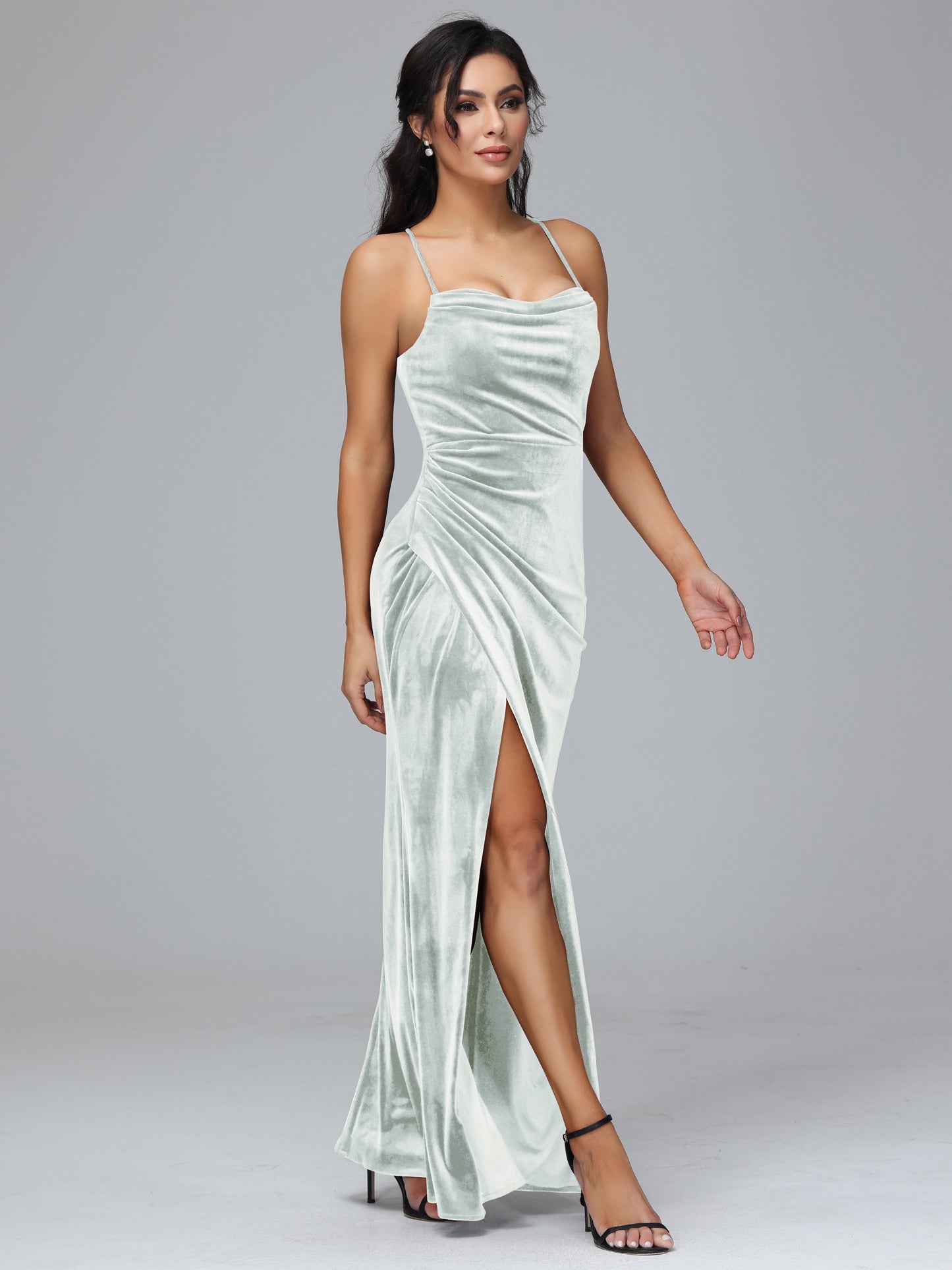 Spaghetti Straps Lace Up Velvet Bridesmaid Dress With Slit