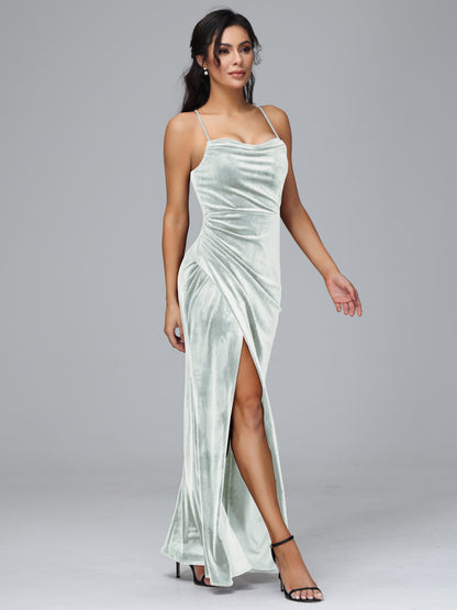 Spaghetti Straps Lace Up Plus Size Velvet Bridesmaid Dress With Slit