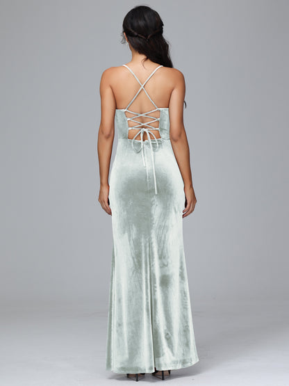 Spaghetti Straps Lace Up Velvet Bridesmaid Dress With Slit