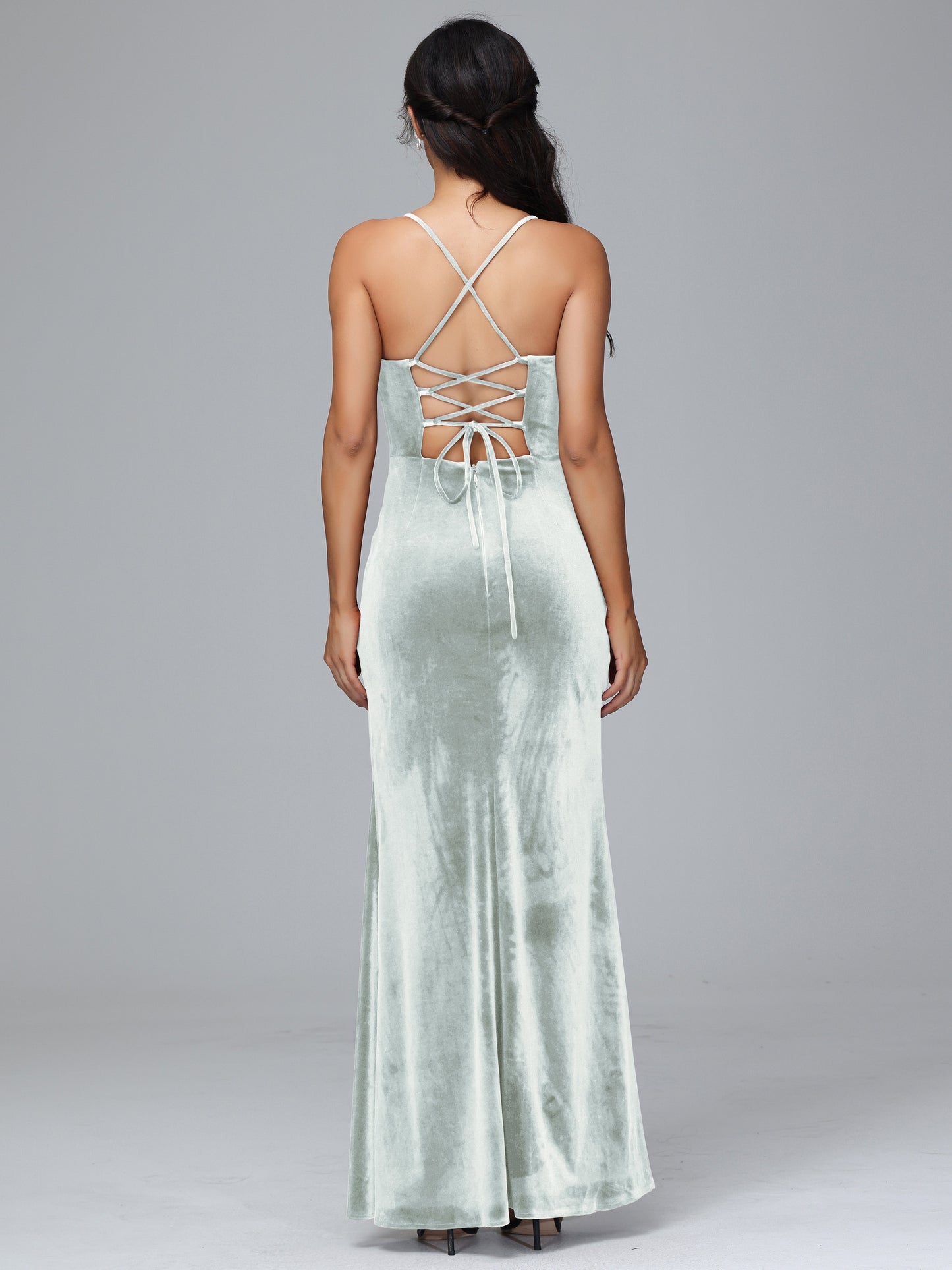 Spaghetti Straps Lace Up Plus Size Velvet Bridesmaid Dress With Slit