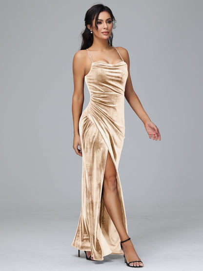 Spaghetti Straps Lace Up Plus Size Velvet Bridesmaid Dress With Slit
