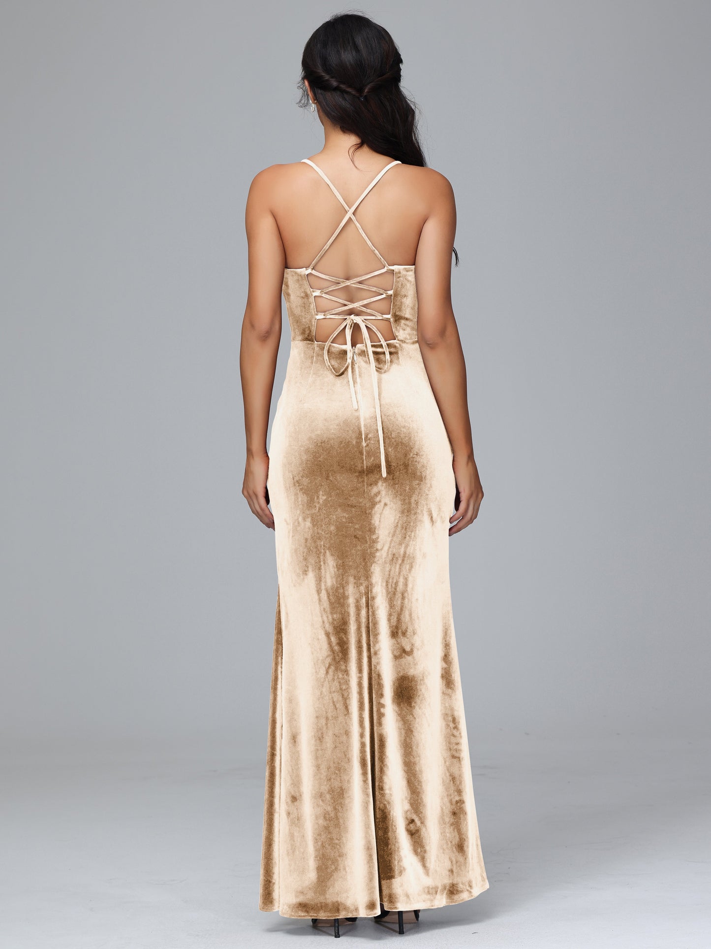 Spaghetti Straps Lace Up Plus Size Velvet Bridesmaid Dress With Slit
