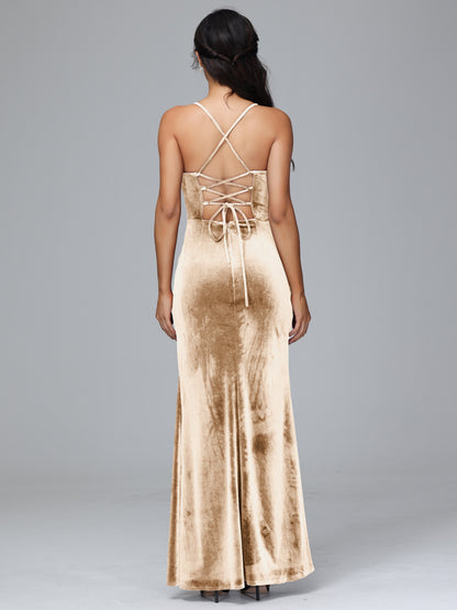 Spaghetti Straps Lace Up Plus Size Velvet Bridesmaid Dress With Slit