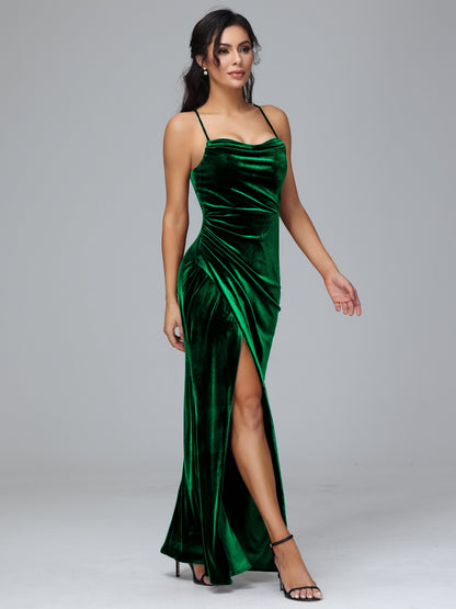 Spaghetti Straps Lace Up Velvet Bridesmaid Dress With Slit