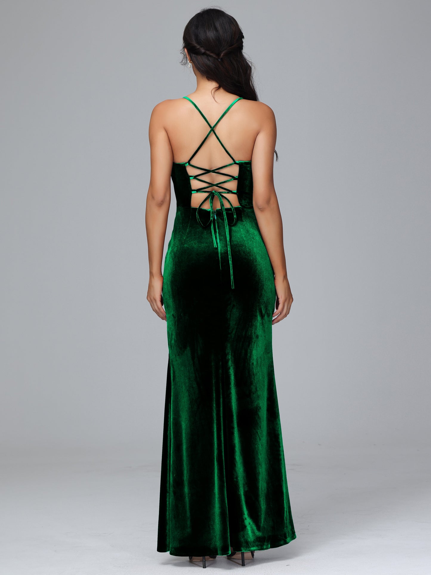 Spaghetti Straps Lace Up Velvet Bridesmaid Dress With Slit