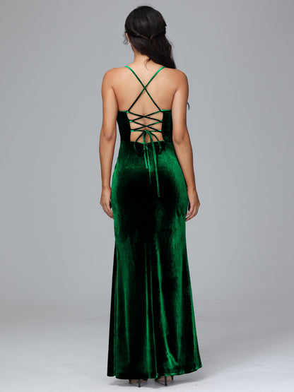 Spaghetti Straps Lace Up Velvet Bridesmaid Dress With Slit
