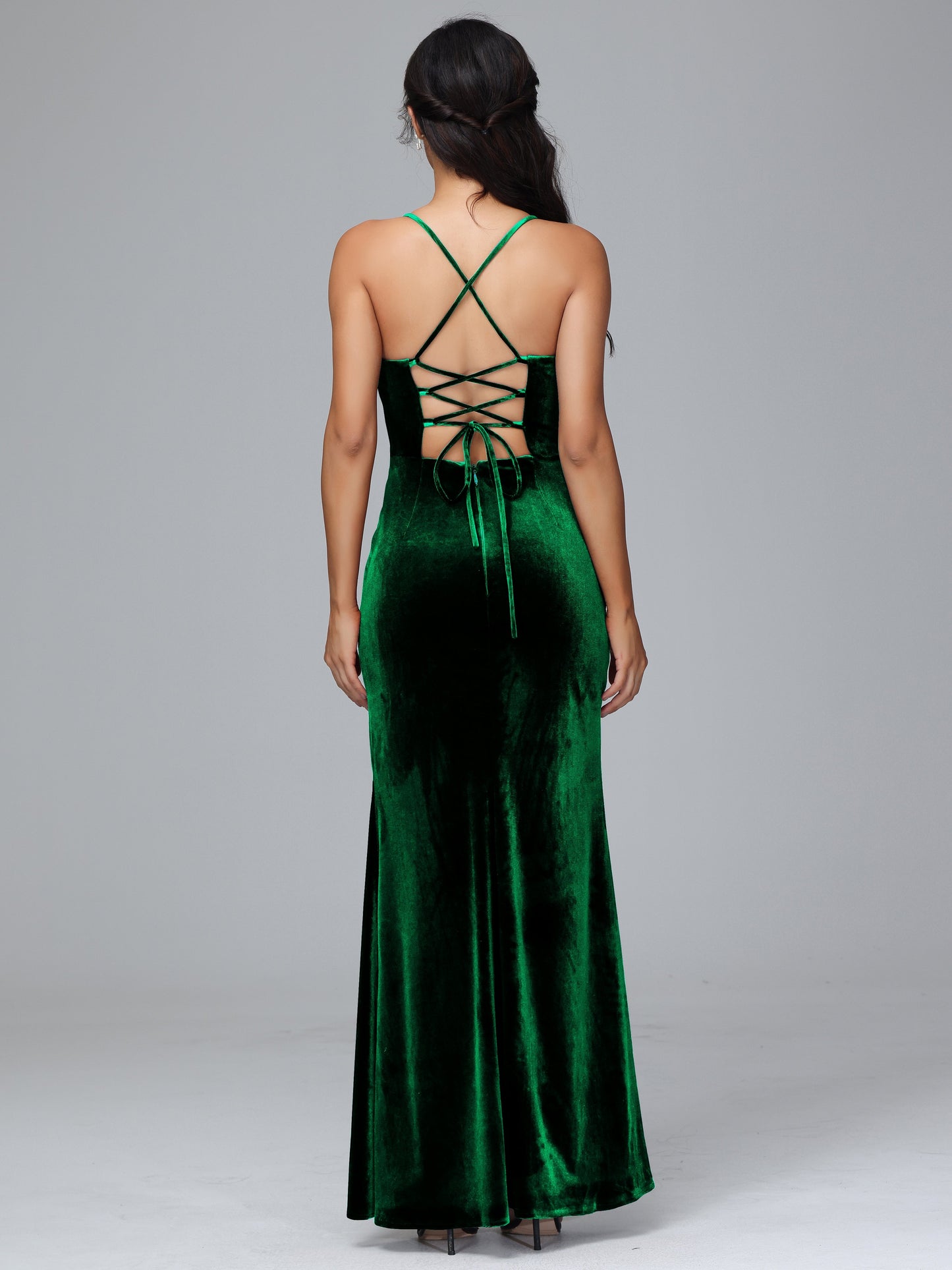 Spaghetti Straps Lace Up Plus Size Velvet Bridesmaid Dress With Slit