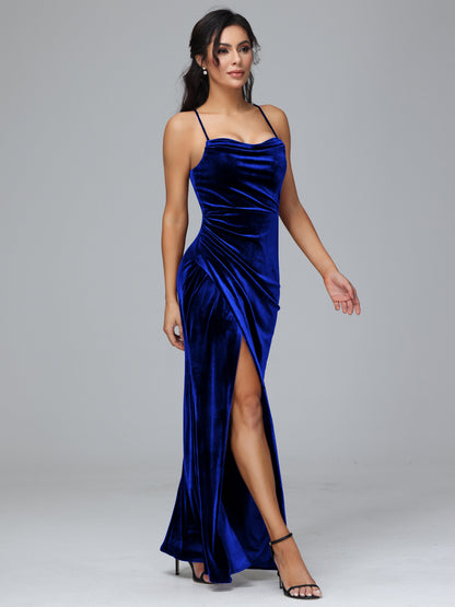Spaghetti Straps Lace Up Velvet Bridesmaid Dress With Slit
