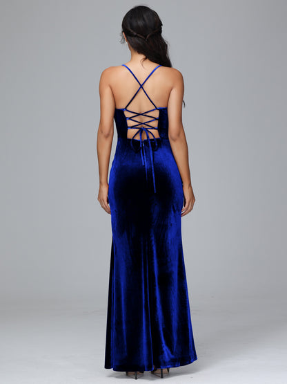 Spaghetti Straps Lace Up Velvet Bridesmaid Dress With Slit
