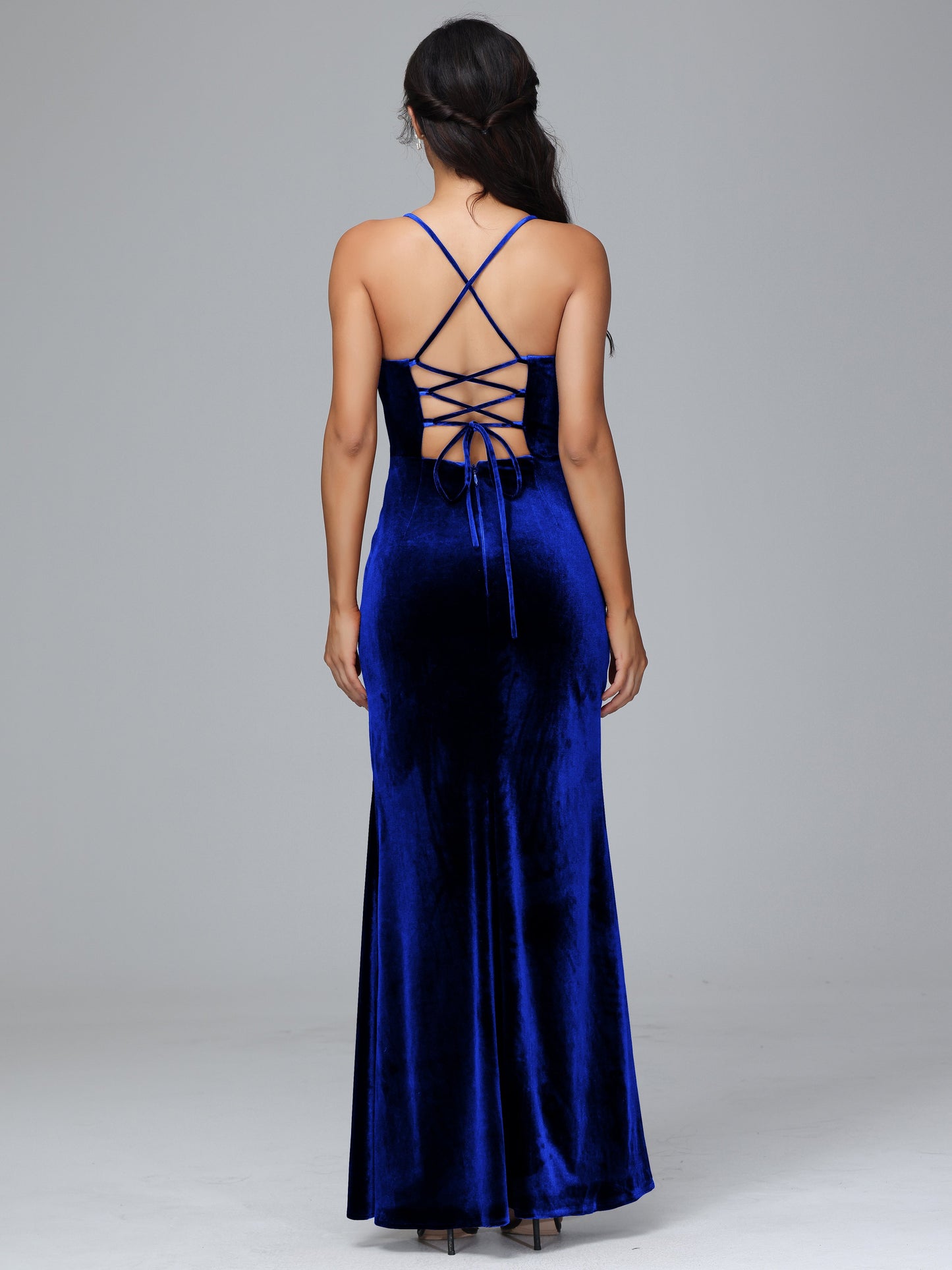 Spaghetti Straps Lace Up Plus Size Velvet Bridesmaid Dress With Slit