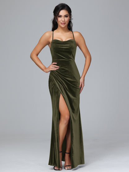Spaghetti Straps Lace Up Plus Size Velvet Bridesmaid Dress With Slit