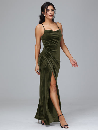 Spaghetti Straps Lace Up Velvet Bridesmaid Dress With Slit