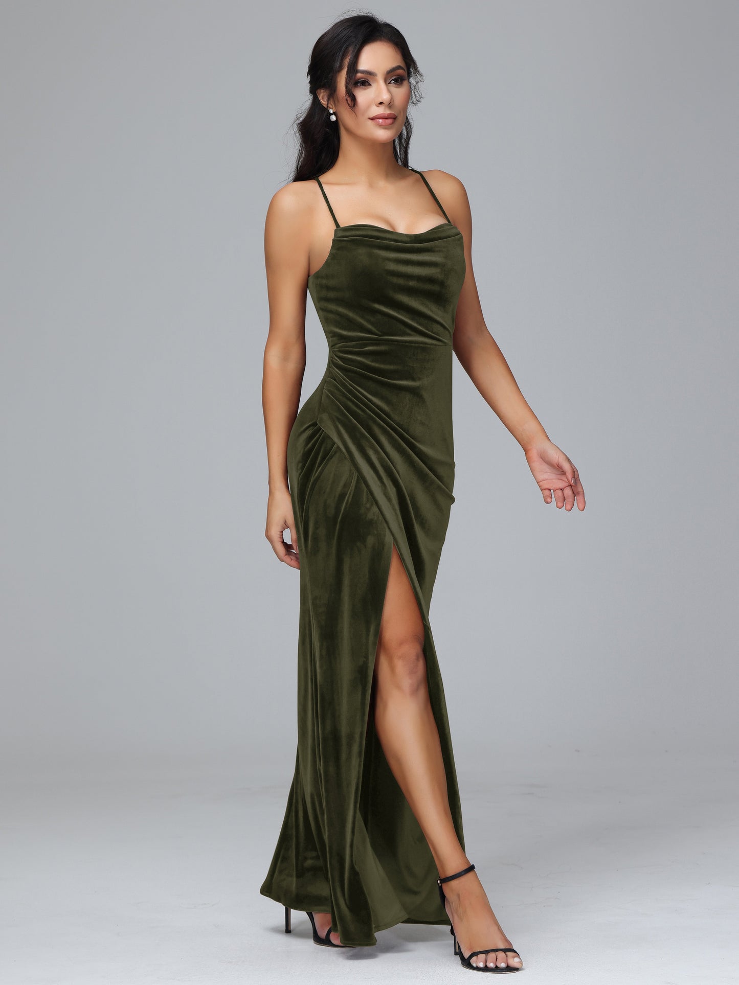Spaghetti Straps Lace Up Plus Size Velvet Bridesmaid Dress With Slit