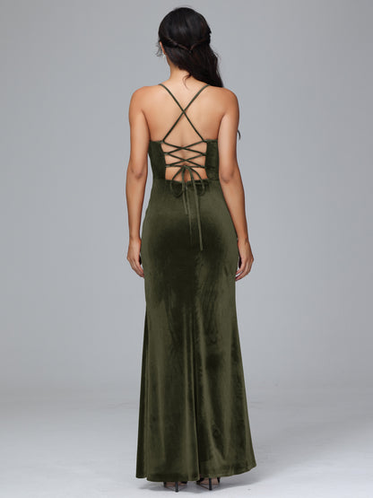 Spaghetti Straps Lace Up Velvet Bridesmaid Dress With Slit