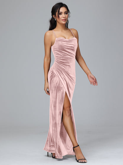 Spaghetti Straps Lace Up Velvet Bridesmaid Dress With Slit