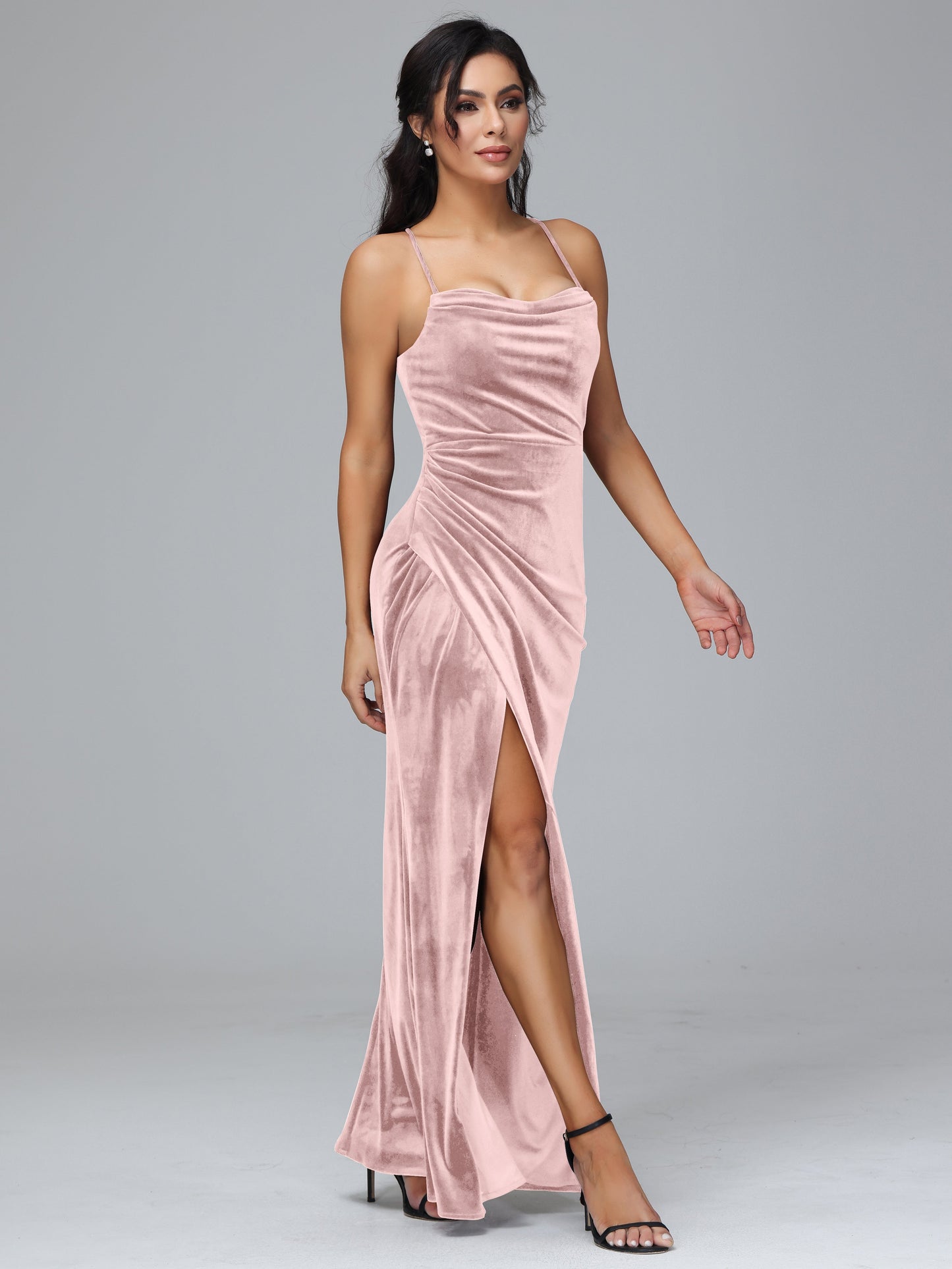 Spaghetti Straps Lace Up Plus Size Velvet Bridesmaid Dress With Slit