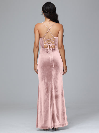 Spaghetti Straps Lace Up Plus Size Velvet Bridesmaid Dress With Slit