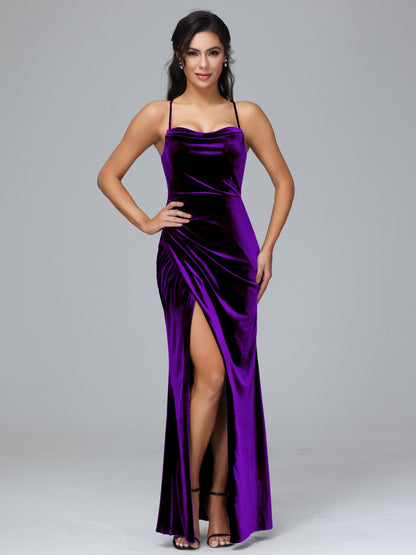 Spaghetti Straps Lace Up Velvet Bridesmaid Dress With Slit