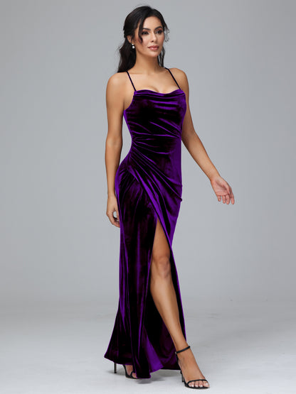 Spaghetti Straps Lace Up Velvet Bridesmaid Dress With Slit
