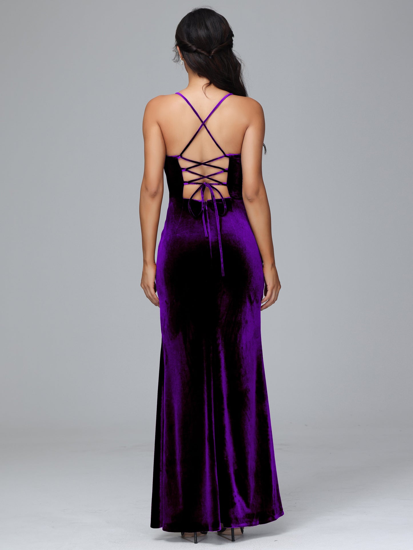 Spaghetti Straps Lace Up Velvet Bridesmaid Dress With Slit