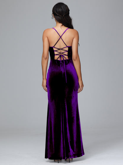 Spaghetti Straps Lace Up Velvet Bridesmaid Dress With Slit